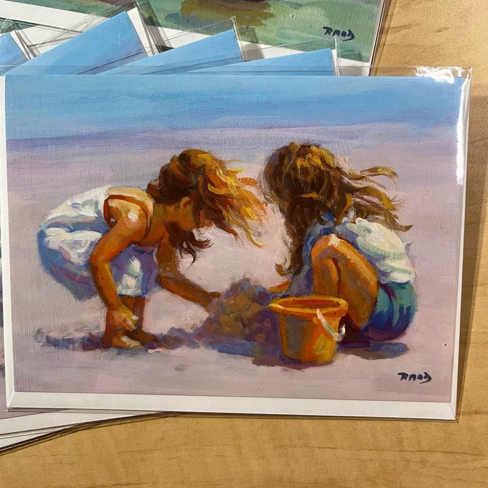 15 assorted artistic blank sealed greeting cards with envelopes, kids on beach